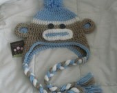 Newborn Sock Monkey Earflap Hat Beige  trimmed with Lt. Blue - Ready to Ship