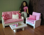 American Girl sized Living Room / 18" Doll Furniture - Loveseat / Chair / Coffee Table - Hot Pink Chevron - LATE MAY SHIPPING