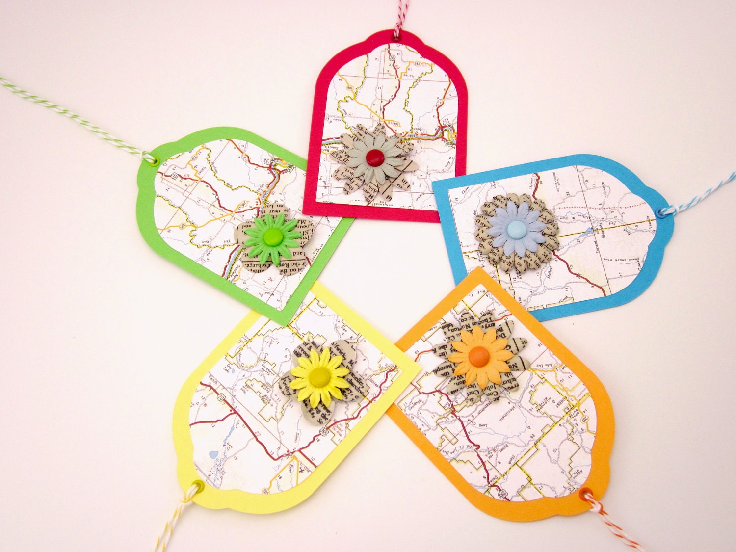 Map Newsprint Gift Tags Primary Colored Large Size - Set of 5