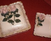 Vintage Antique 1940s Mid Century Pink Rose Ceramic Cigarette Box and Ashtray Women Vanity Collectibles