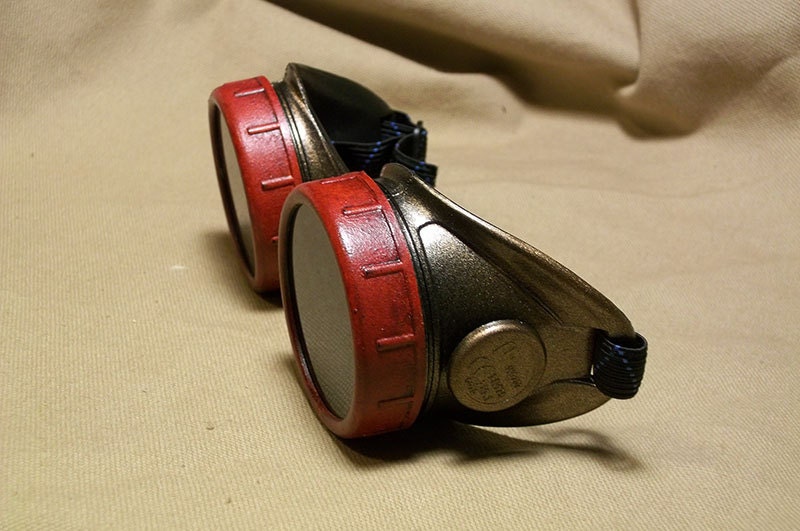 Red Gold Aviator Pilot GOGGLES Steampunk OPTIC CONDUCTORS Cyber Punk Mad Scientist Gothic Rave Welding