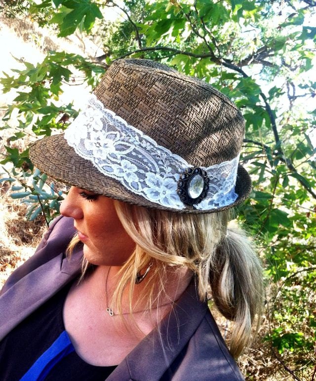 Lacy Brown Fedora Hat with Wide Lace Trim and Vintage Brooch Women's Fancy Hat