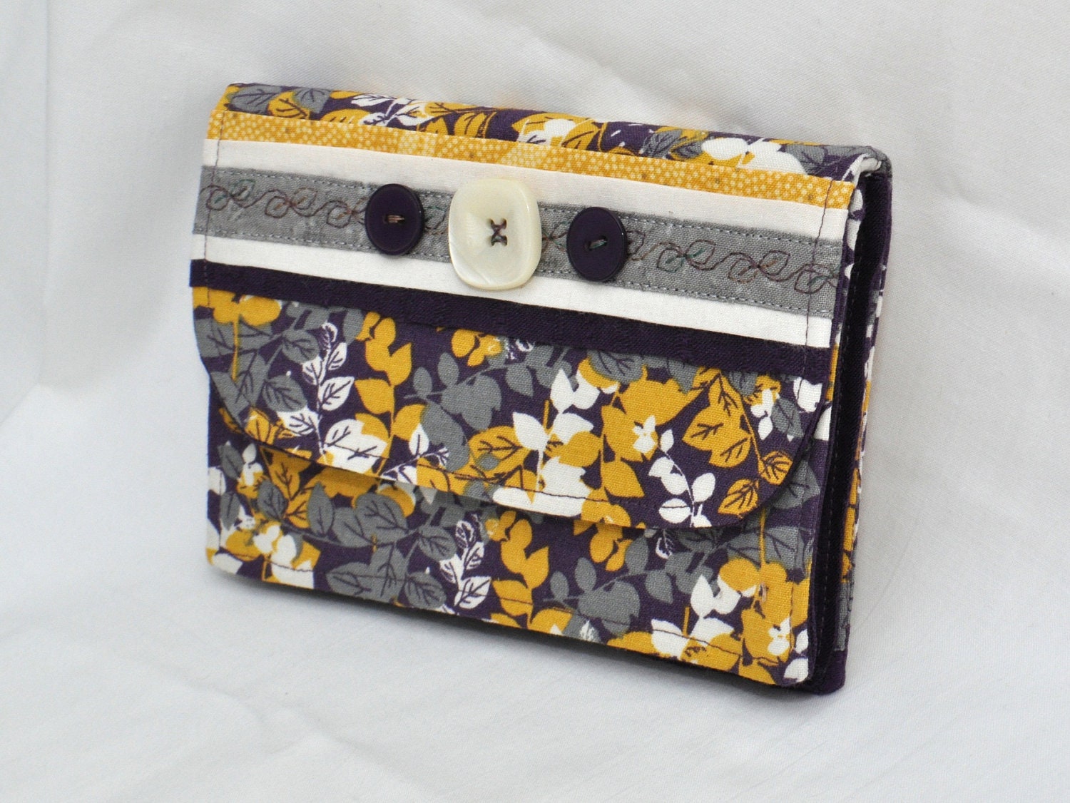 Women's Handmade Purple,Yellow/Gold and Grey Floral Print Clutch Wallet with Accenting Buttons and Embroidery