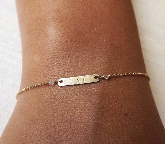 Gold Filled Tiny Bar Personalized Bracelet - Dainty Hammered ID Bracelet - Gold Initial Bracelet