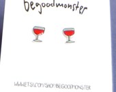 Red Wine Earrings  -  Posts - Surgical Steel Shrinky Dink - Shrink Plastic