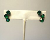 Vintage Rhinestone Earrings in Emerald Green and Brass  Art Deco 1930's -1940's Screw Back