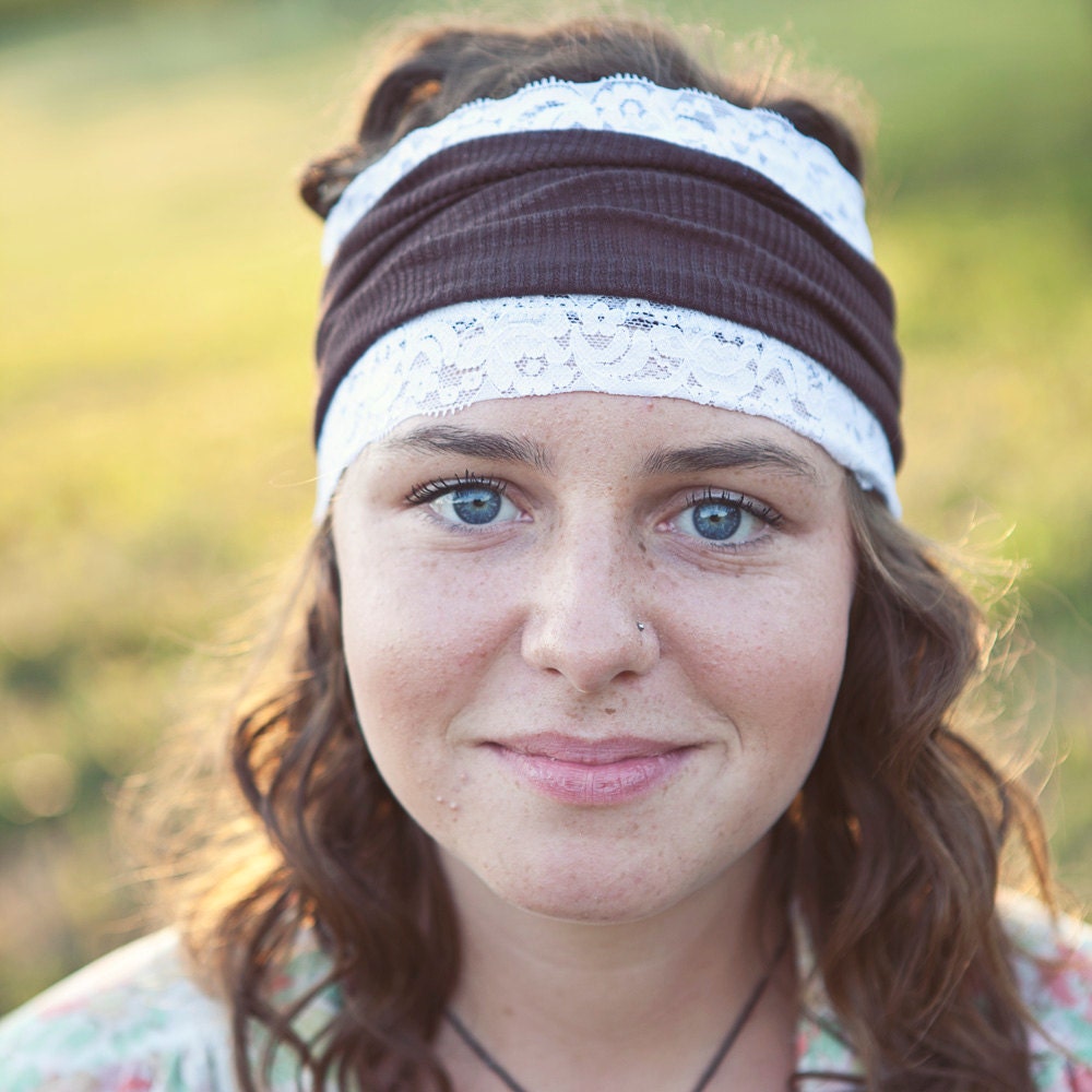 SALE  Wide Brown and White Lace Headband