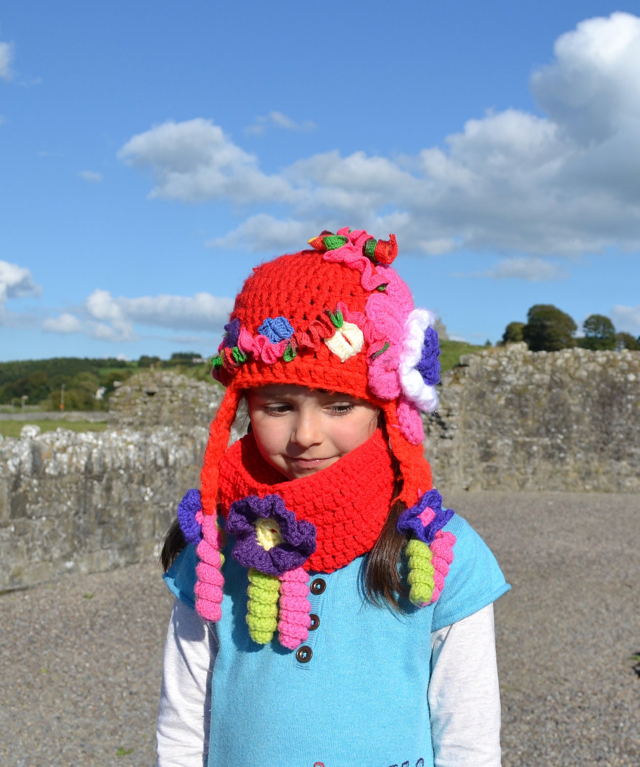 Flower Princess Red Girl's Hat and Neck Warmer, Hand Crochet - Toddler, Child, Handmade by PrincesaAnastasia, gift for girl