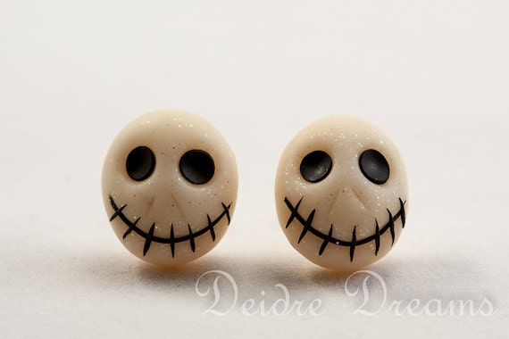 Cute Goth Lolita Skull Earrings - Polymer Clay Stud Post Back Earrings - Polymer Clay Skulls - Goth Kawaii Jewelry