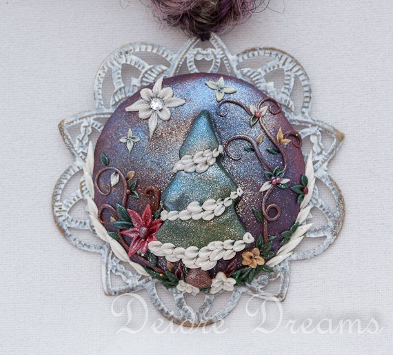 Pagan Tribal Yule Tree Art Yarn Necklace - Polymer Clay Flowers - Polymer Clay Cameo - Wearable Art Jewelry - Winter Holiday Fiber Jewelry