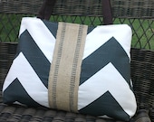Handbag Purse Tote Bag with Large Charcoal Grey Chevron  Zippy Zig Zag and Jute Webbing