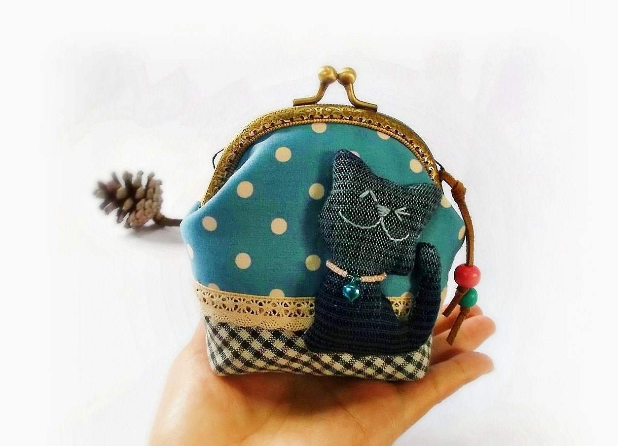 Coin purse, Cat purse, Metal frame purse, 10 cm frame purse, kitty coin purse