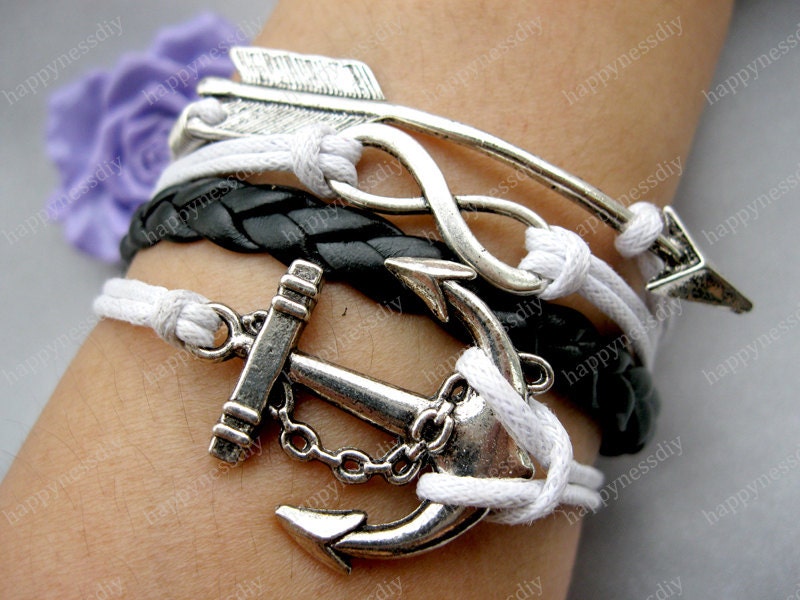 bracelet---antique silver anchor bracelet,infinity bracelet,arrow bracelet,black braid bracelet---Z290