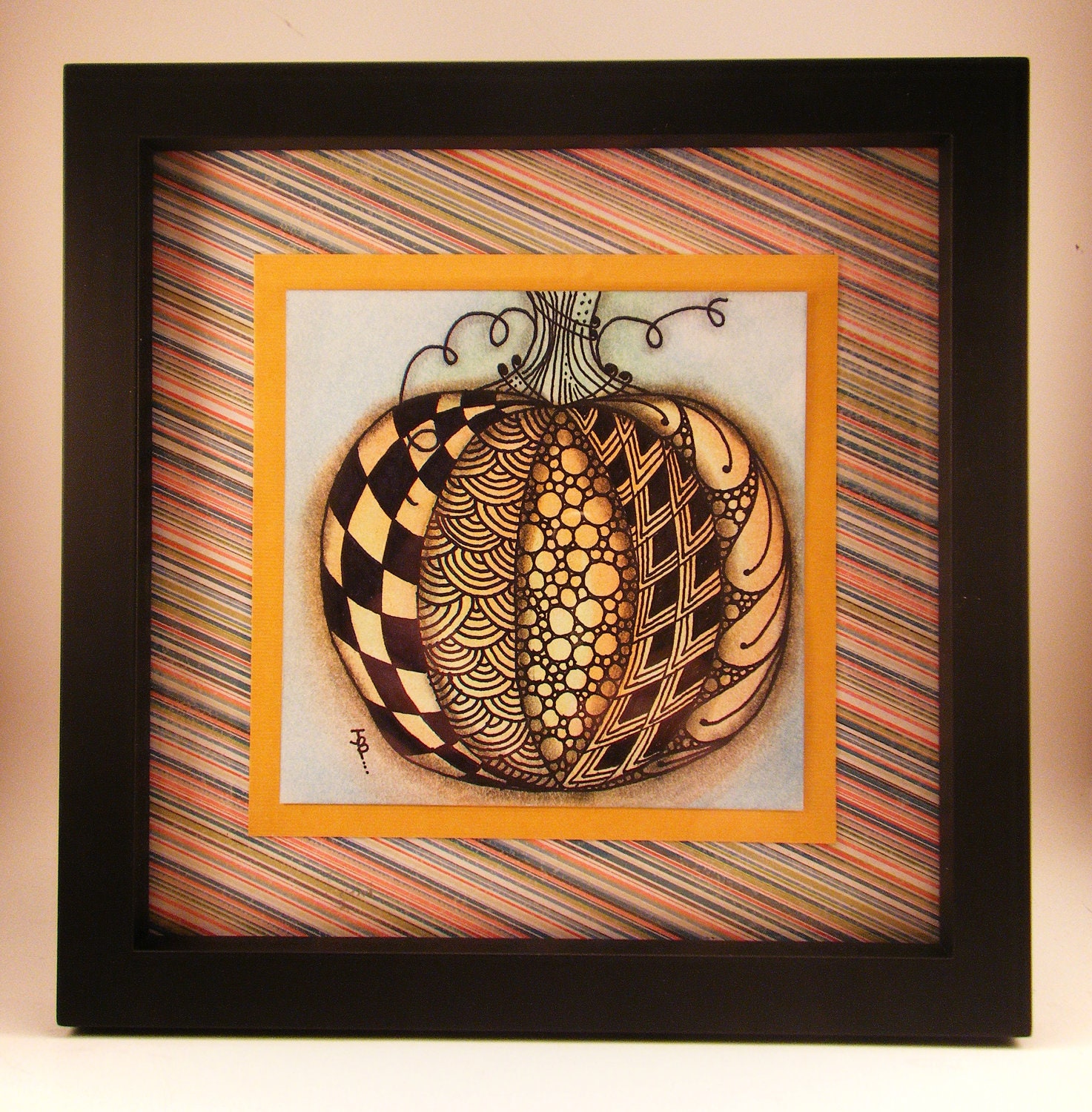 Pumpkin Watercolor -- Zentangle Inspired Original Artwork in 8x8 Frame
