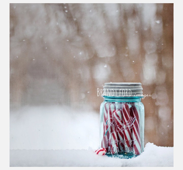 Christmas Candy Cane Holiday Photograph, red white stripes sugar peppermint still life decor winter snow blue mason jar whimsical Fpoe - BitsofLifeImages
