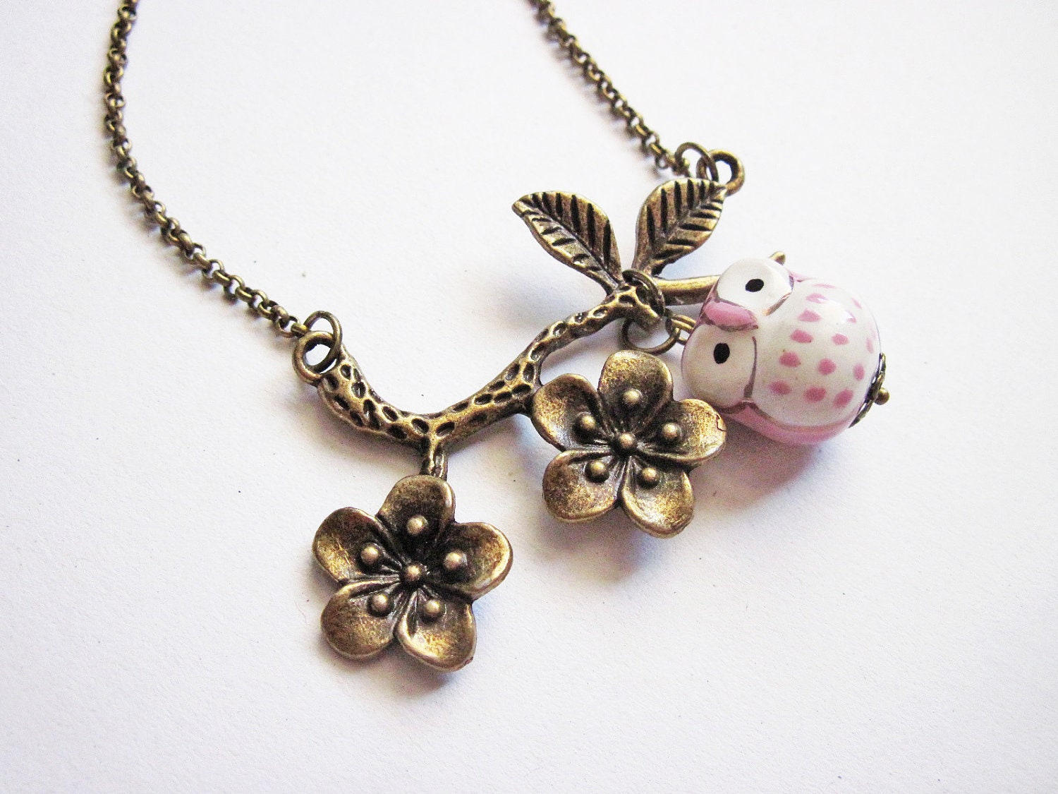 Brass Owl Necklace, Owl Pendant, Owl Ceramic Necklace, pink Owl, Woodland Creatures, Owl Jewelry, Miniature Owl Necklace