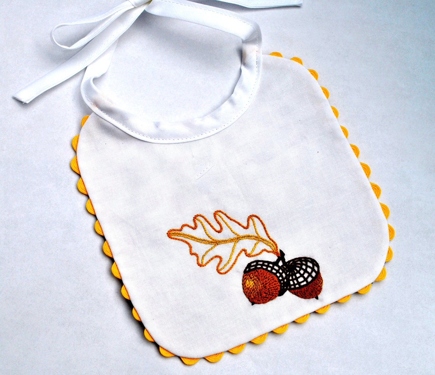 Hand Embroidered Autumn Acorn Bib
