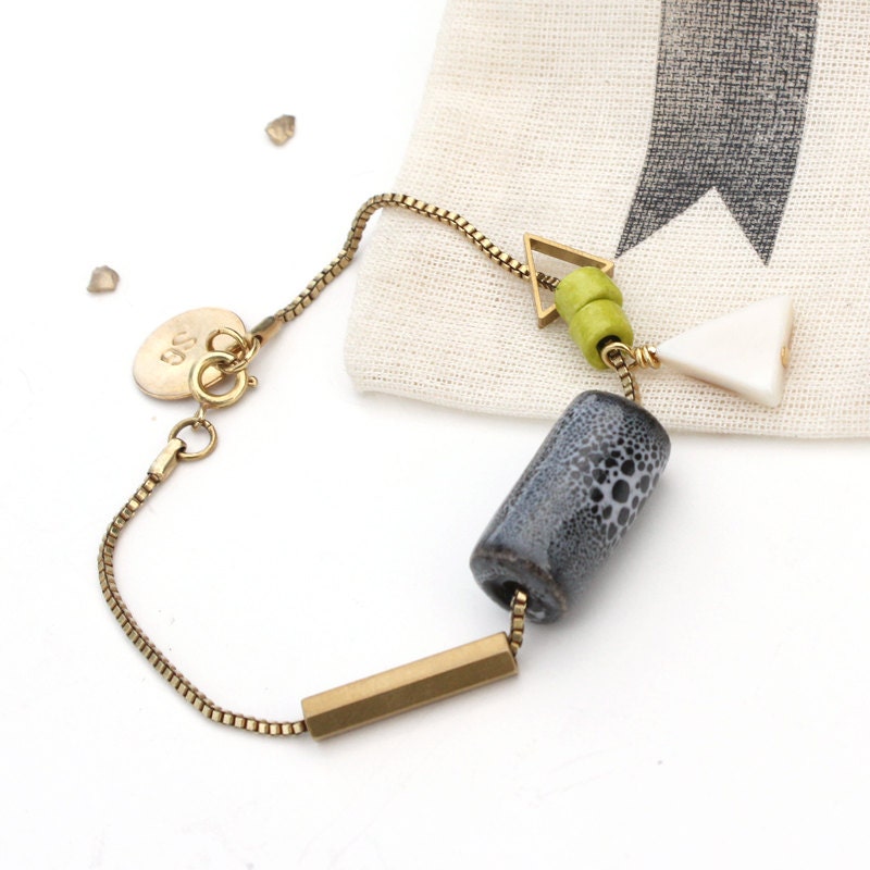 Beaded Chartreuse Mixed-media Chain & Charm Bracelet / geometric jewelry / green beads, grey porcelain, triangle gemstones, faceted brass