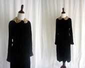 1930s Silk Velvet Dress, Vintage Black Pleated Dress with Lace Collar