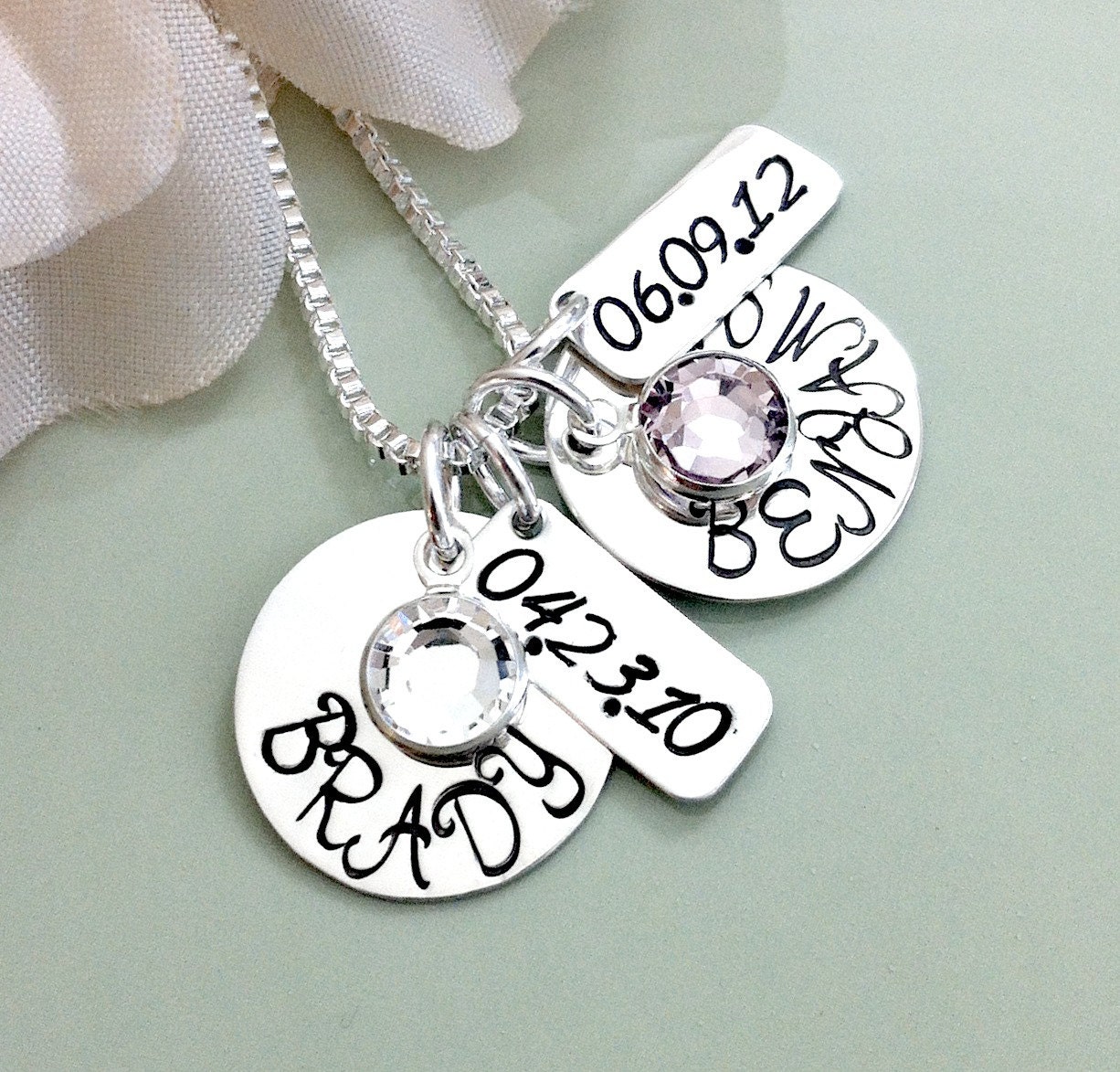 Hand Stamped Mommy Necklace - Personalized Jewelry - Two Discs with Names, Birthdates & Birthstone Pendants