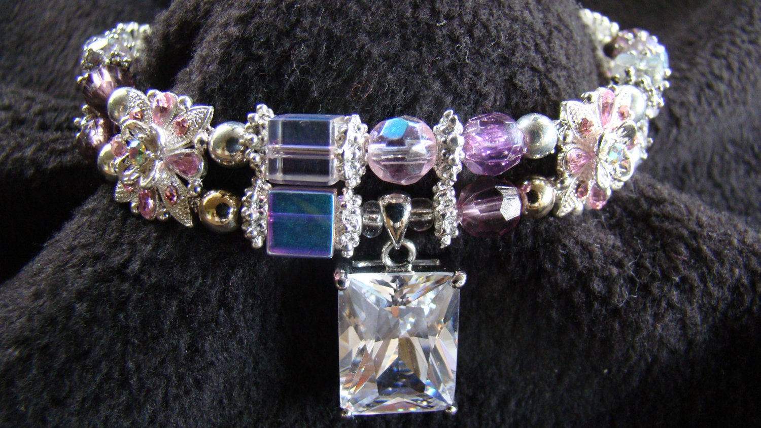 12 inch Beaded Dog Collar - Lavender Hues and Crystal with Gorgeous Pendant - Elegant Luxury Gift - 12 inch - Pet Rescue Charity