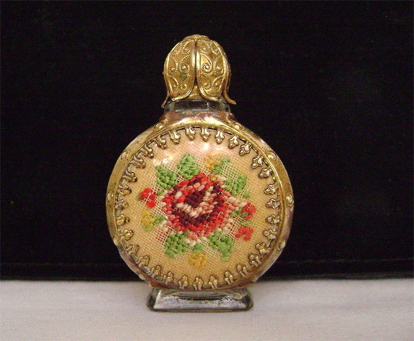 Vintage Petit Point Rose goldtone Filigree tiny glass perfume bottle
