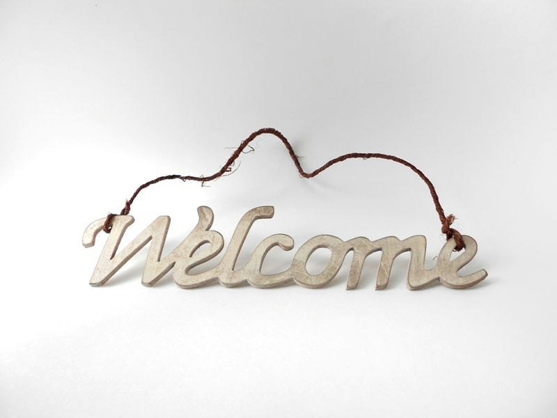 Wood Word Art Welcome Sign Hand Painted White