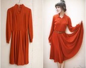SALE Vintage 70's Burnt Orange Rust Colored Full Skirt Dress