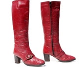 True Blood: Pomegranate Red Leather Strap & Buckle Knee High Boots. Made in Spain by Etienne Aigner. Size - Womens VTG US 6 M - NashvilleBootUnion