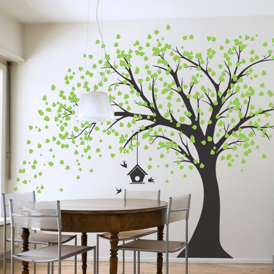 Large Windy Tree with Birdhouse Wall Decal 8 feet tall