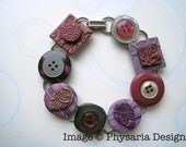 Bracelet Vintage Buttons Clay Tiles Magenta Grey
