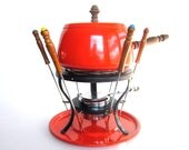 Vintage 1970s Orange Fondue Set, Enamel Fondue Pot in Original Box, Mod Home Decor, Entertaining