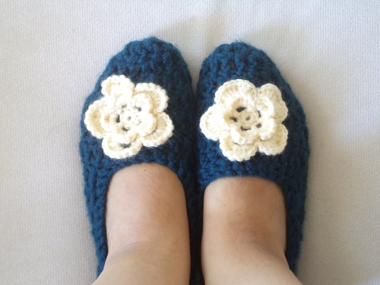 Adult Wool Crochet Slippers, Thick, Simply slippers, Women slippers,  house shoes. Oil Blue
