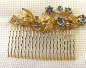 Vintage Hair Comb, Repurposed Jewelry, Retro Pin, Blue Rhinestone, Flower Design