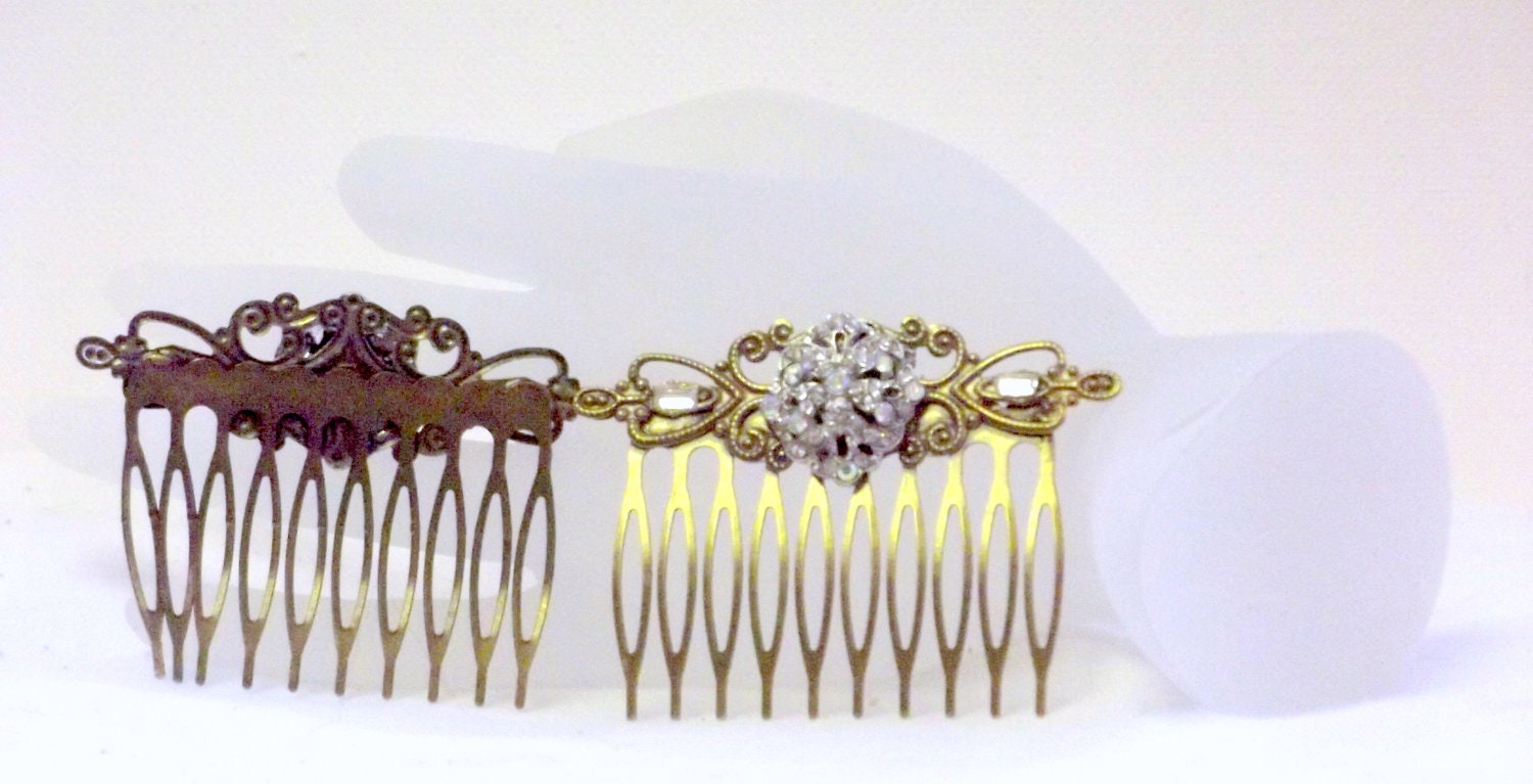 2 Rhinestone Button Hair Combs