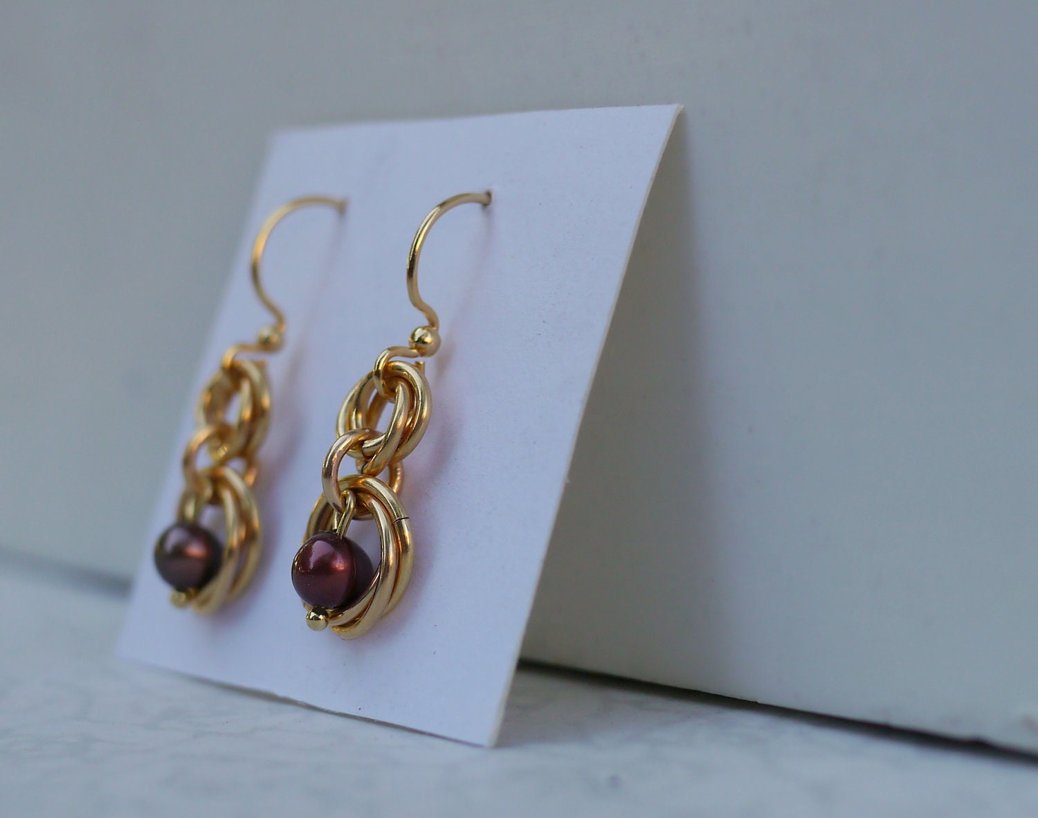 Gold Plated Chainmaille Earrings with Cranberry Red Pearls -- Weddings, Bridal Jewelry, Gifts for Her