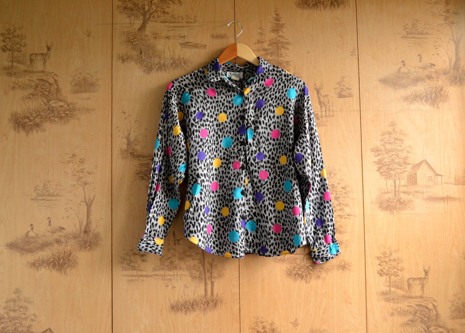 Vintage 1980s polka dot print blouse / 80s abstract cheetah print collared shirt / size medium, small