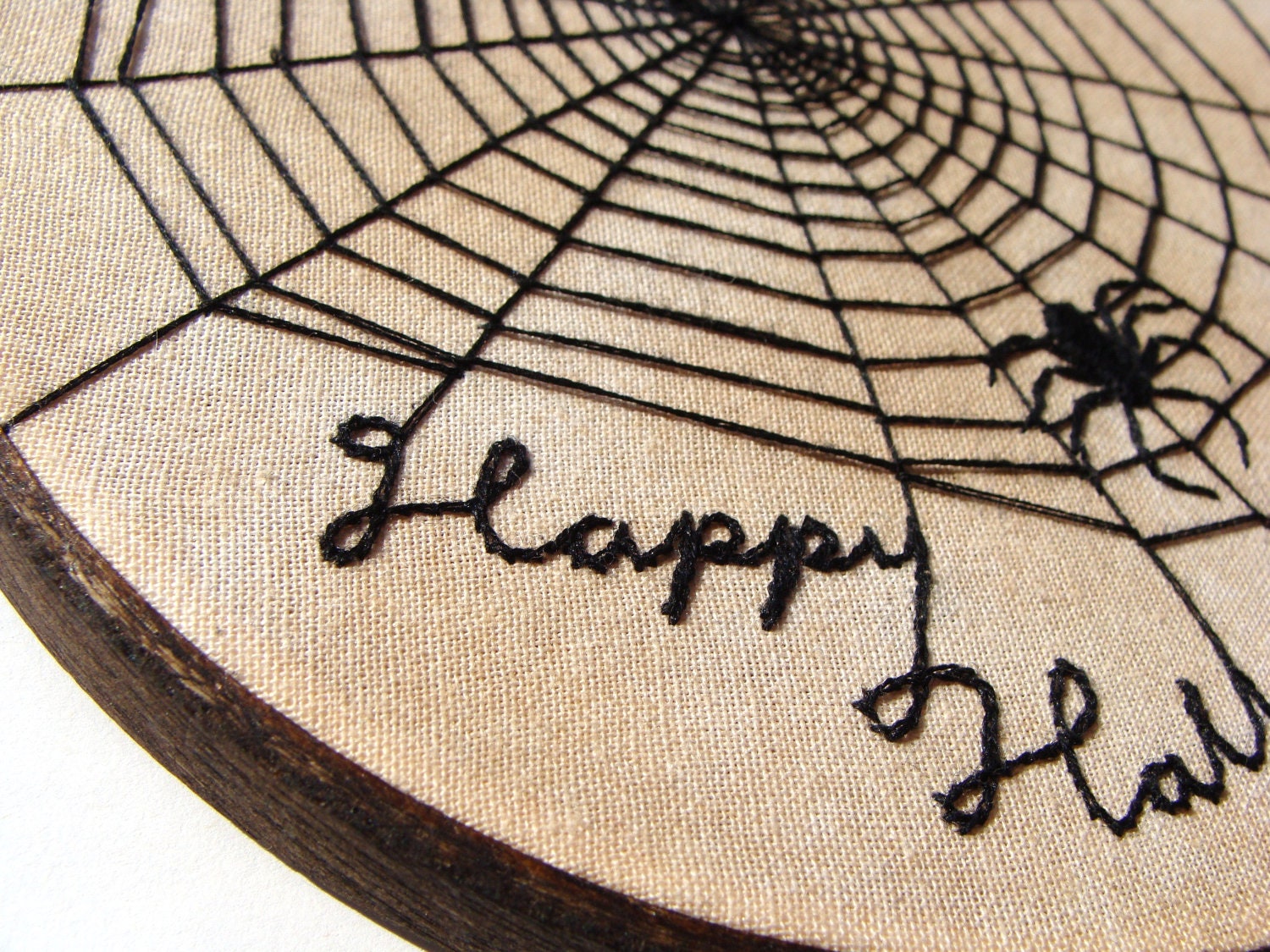 Halloween Wall Art, custom work available  - spider web, black spider, 6 inch wood hoop wall hanging, halloween decor, embroidered spider