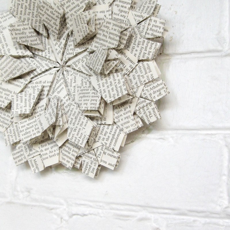Paper Wreath - Eco Decor - Recycled Book Paper Black and White Floral Crystal