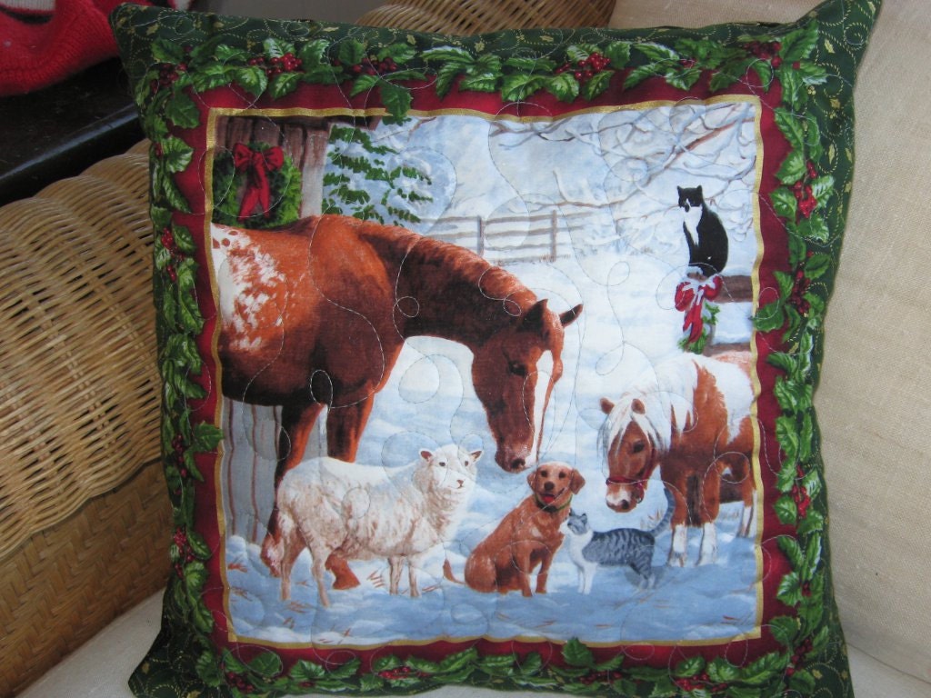 Christmas horse pillow, quilted pillow cover, Appalossa horse and barnyard friends