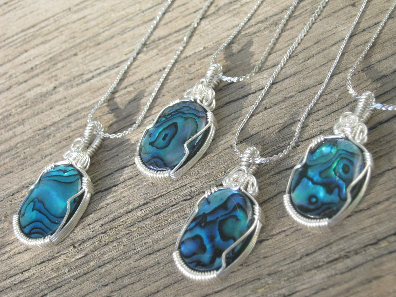Set of 4 Paua Shell Bridal Silver Pendants,  Bridesmaid Gift