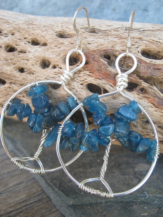 Blue Apatite Tree Of Life Earrings, Wire Wrapped