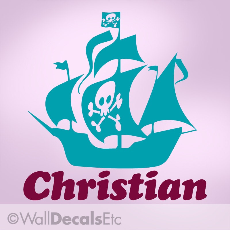 Kids Vinyl Wall Decal: Pirate Ship with Custom Name Lettering, Sailing Ship for Boys Room, Pirate Decor