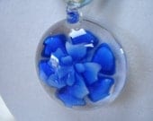 Blue Flower Glass Pendant with Ribbon