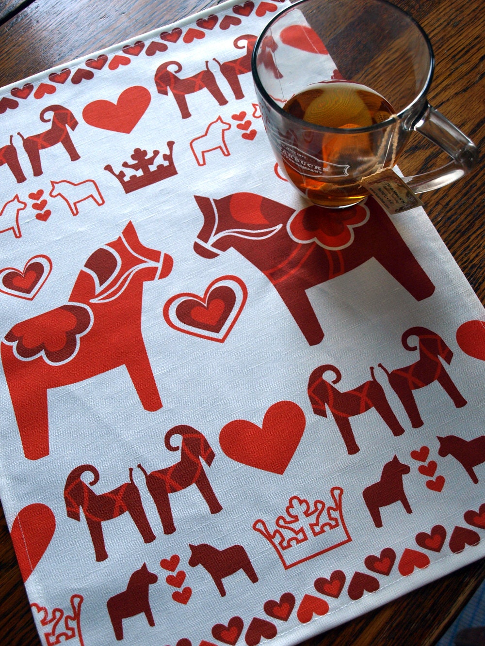 Swedish Dalahäst Kitchen Hand Towel in Red and White