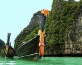 Thailand Longtail Boat in Ocean Photograph, Colorful Blue Thai Water, Southeast Asia - 11x14" Fine Art Photo Print