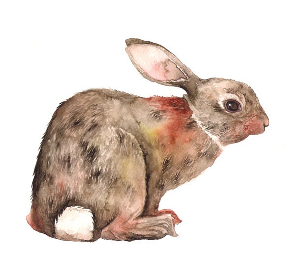 Rabbit Print Illustration Watercolor Woodland Home Decor Brown Forest Handmade - BarbaraSzepesiSzucs