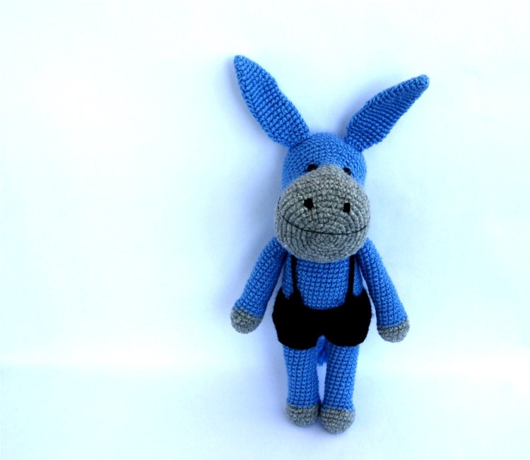 crocheted donkey or ass, amigurumi toy foal, jack, jennet, stuffed domesticated animal, azur royal blue, gift for children, soft animal doll