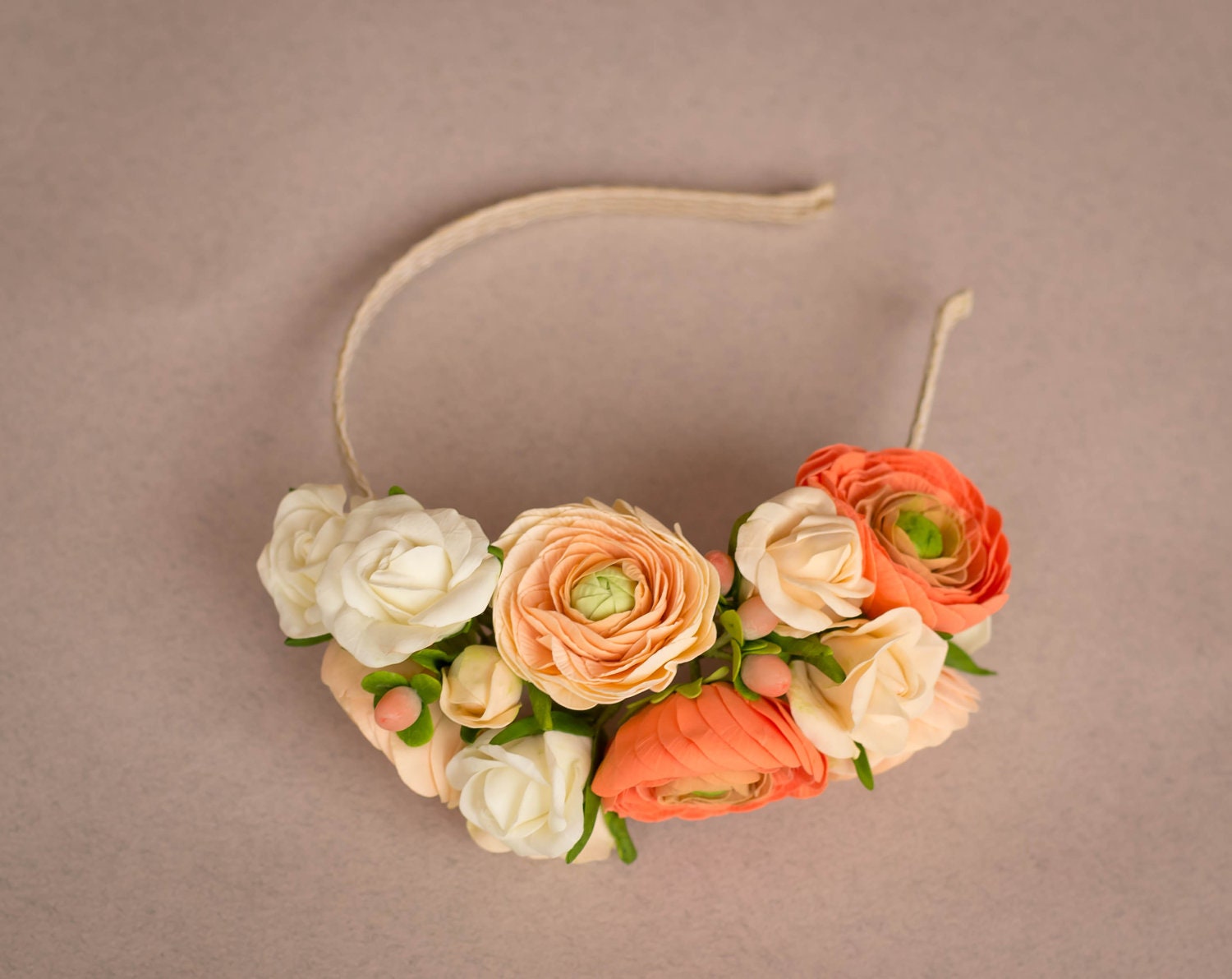 Head wreath - Flower headband  - rose and ranunculus headband - orange peach ivory flower headpiece - ranunculus wedding hair piece - bridal