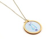 Homage to Holly Hobbie embroidered necklace - framed by a unique miniature embroidery hoop - made with love by dandelyne